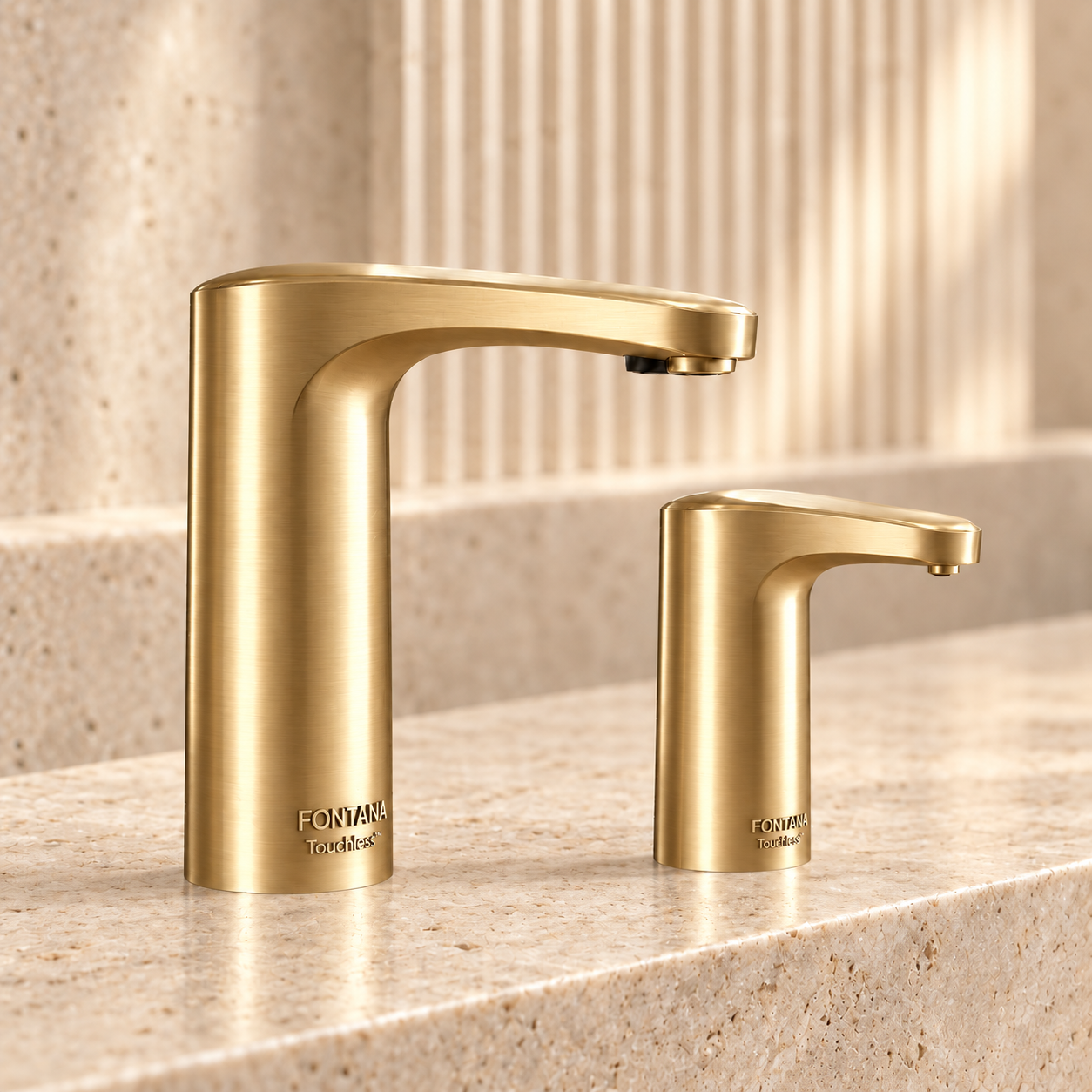 Fontana brushed gold commercial touchless faucet and automatic soap dispenser